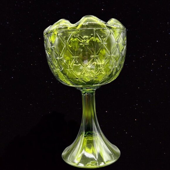 Indiana Art Glass Pedestal Tall Cup Bowl Diamond Avocado Green Duette 9”T 5”W - Picture 7 of 10